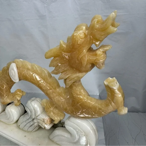 Yellow Jade Carved Stone Serpent Dragon Statue - Picture 10 of 13